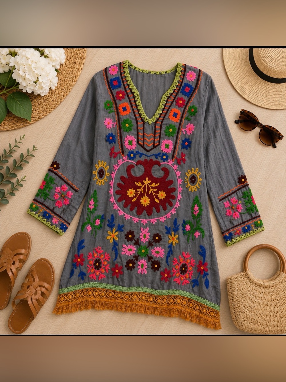 Debbie Katz Vibrant cotton Embroidered swim coverup Dress with Fringe size M